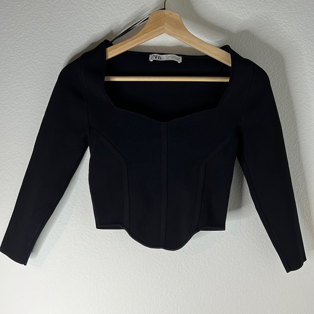 Zara black knit stretch 3/4 sleeve crop top size small